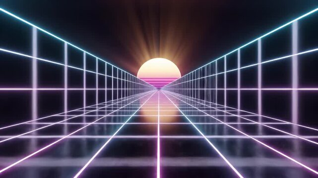 A retro-futuristic grid road leads to a glowing sunset.