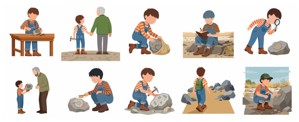 Set of vector illustrations featuring a boy and his grandfather exploring paleontology, finding and cleaning ancient fossils and ammonites in nature. © Lorrenzo