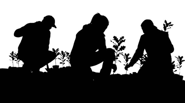Three people gardening together outdoors isolated on transparent background