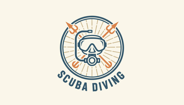 Vintage style circular badge logo design for scuba diving club featuring a snorkel mask and tridents.