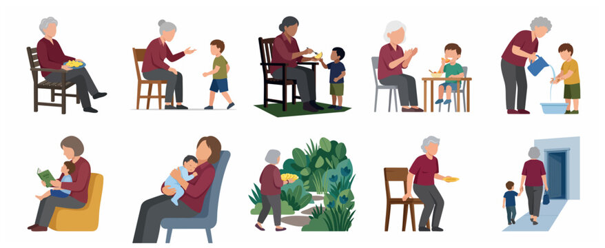 Grandmother caring for and bonding with grandchildren flat vector illustration set