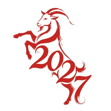 Elegant red goat line art illustration with ornate 2027 typography - design for Chinese new year greeting cards, festive calendar covers, and Asian horoscope poster prints. JPEG version.