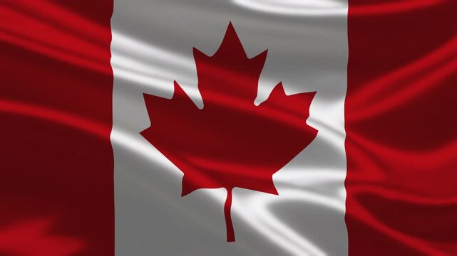 Animated waving flag of Canada featuring the iconic red maple leaf on a white center panel with red borders in a luxurious satin fabric style for national celebrations and events
