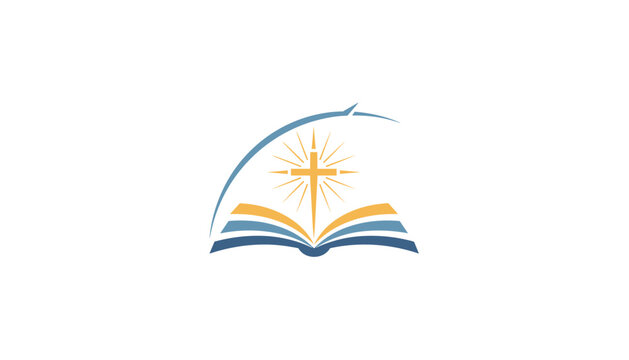 Christian logo design displays shining holy cross rising from open bible within an elegant semi circular frame on white background.