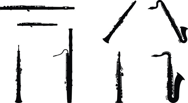 Woodwind Instrument Silhouette Collection with Flutes Clarinets Oboes and Saxophones Vector Set
