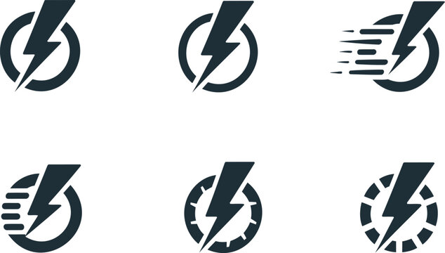 Collection of six different speed and power icons with lightning bolts and circular motion graphics