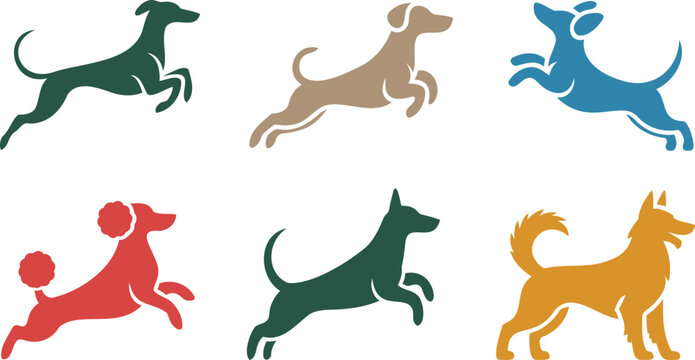 Colorful dog breeds running in different poses and styles isolated on white background