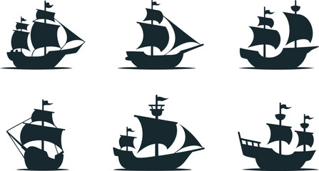Set of six different old sailing ships with sails in various directions on white background © Jarina