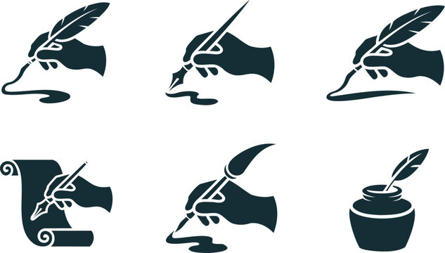 Silhouette of hands holding quill pens and paintbrushes with inkwell and scrolls on white background