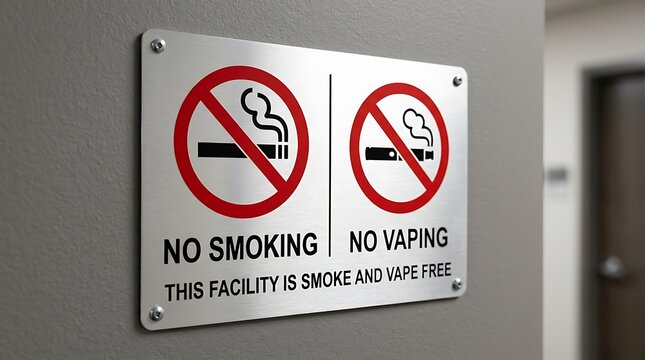 No smoking and no vaping metal sign mounted on a grey wall indicating a smoke and vape free environment policy