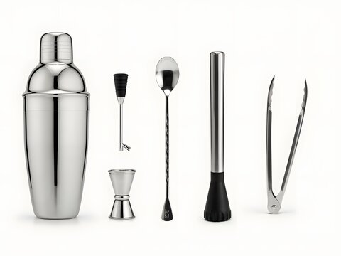 Professional stainless steel cocktail bar tools set for mixology and drink preparation.