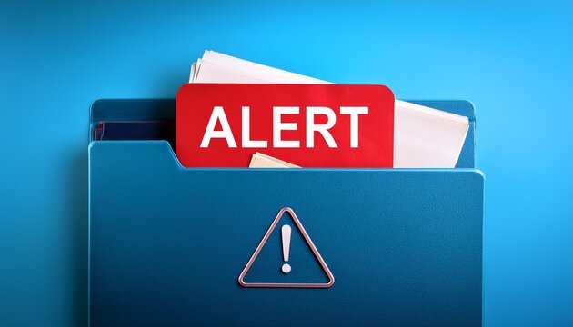 blue folder with papers shows red alert sign computer file issue or data error digital notification for system trouble or security risk danger warning