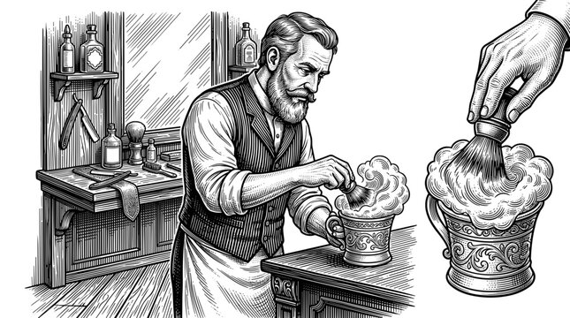 Vintage Barber Preparing Shaving Foam with Brush and Mug