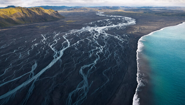Aerial view of a glacial river delta with intricate black sand patterns and turquoise water flowing into the sea along a dark volcanic beach