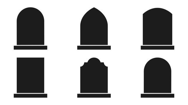 Collection of six black tombstone silhouettes on a white background