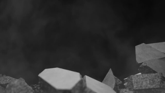 Animation of a concrete wall destruction with dust on a transparent background. Concrete explosion. Crack in a cement wall. Screensaver with destruction. Broken concrete wall. Concrete wall destructio