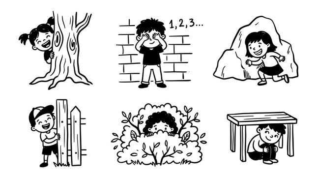 Children playing hide and seek in various outdoor and indoor locations