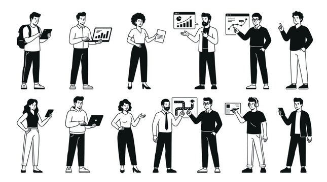 Diverse Business People Vector Icons: Teamwork, Presentation, Technology, Office Life