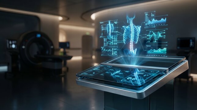 Medical imaging technology with holographic human skeleton on touchscreen display in hospital