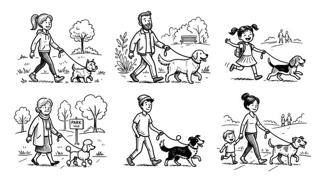 Diverse people walking dogs in park illustration
