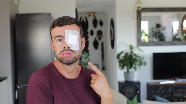 Sad man with large patched eye