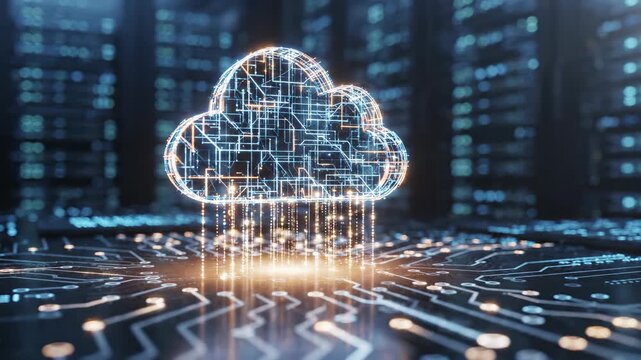 Vibrant digital cloud computing icon transmitting secure information across an intricate circuit board for modern tech enterprises.