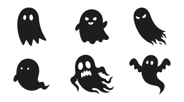 Collection of six black ghost illustrations with different expressions and shapes