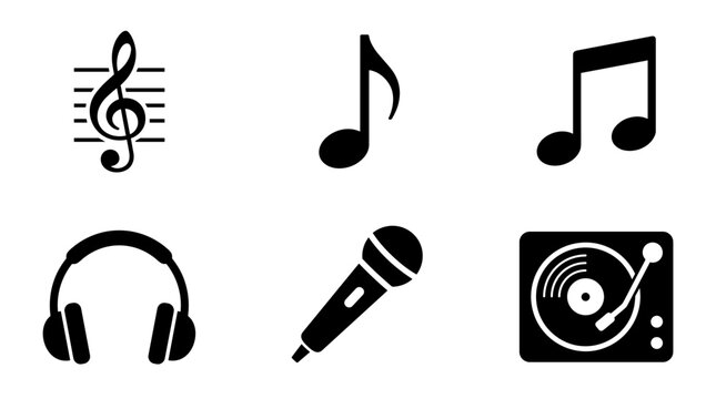 Collection of music icons including treble clef, notes, headphones, microphone and turntable