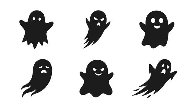 Set of six black ghost icons with different expressions on white background
