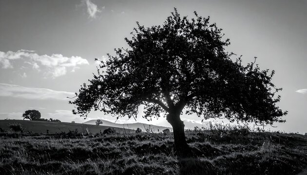 A black and white landscape of a tree on a hill with another tree in the distance