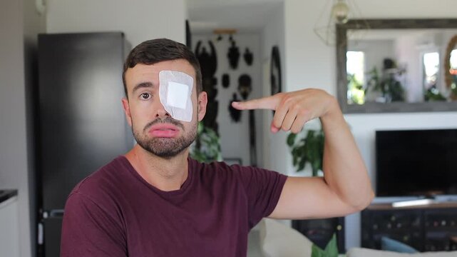 Sad man with large patched eye