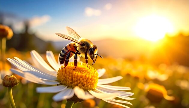 A bee collects nectar from a white-petaled flower in a field at sunset