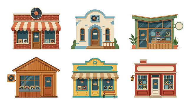 Collection of diverse vinyl record store fronts in flat design style