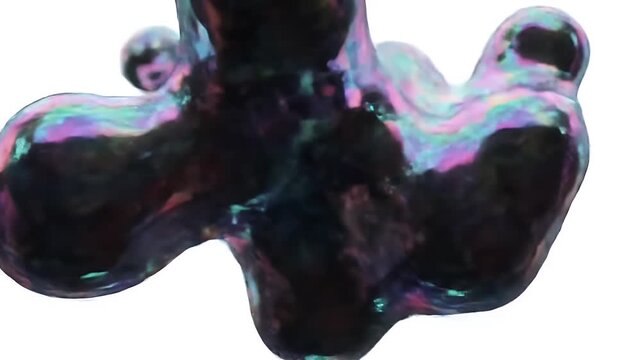 Iridescent bubbles with swirling colors on a white background.