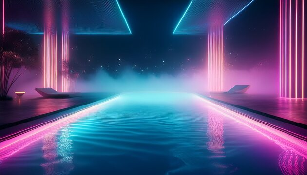 a luxury infinity pool at night with neon geometric patterns floating in thick fog led lamps casting soft glows over the water
