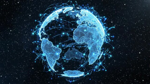 Luminous blue digital earth globe rendered with a futuristic holographic grid illustrates global connectivity and data transfer concepts for technology presentations.