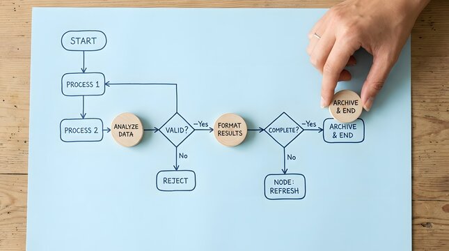 Data flow diagram with wooden pegs on a wooden table