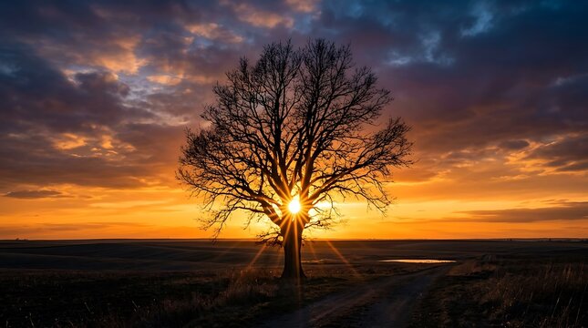 A single dark tree silhouette standing against a beautiful bright orange and purple sunset sky in the evening