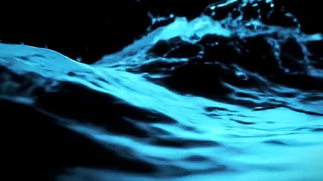 Abstract digital representation of glowing turquoise ocean waves against a black background.