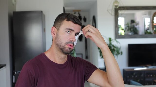 Sad man with large patched eye