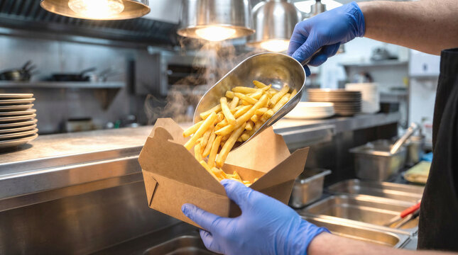 Hands in blue gloves packing hot french fries into cardboard box using metal scoop in fast food restaurant