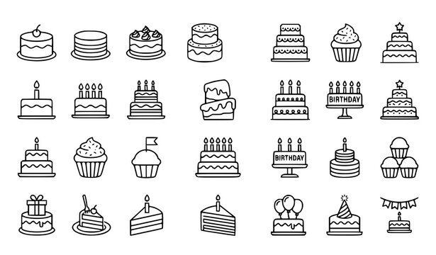 Birthday cake outline icon collection featuring layered cakes cupcakes slices and celebration desserts vector