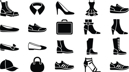 Obraz premium Fashion footwear and clothing accessories icon collection, black silhouette vector set featuring shoes boots dress bag cap briefcase apparel symbols