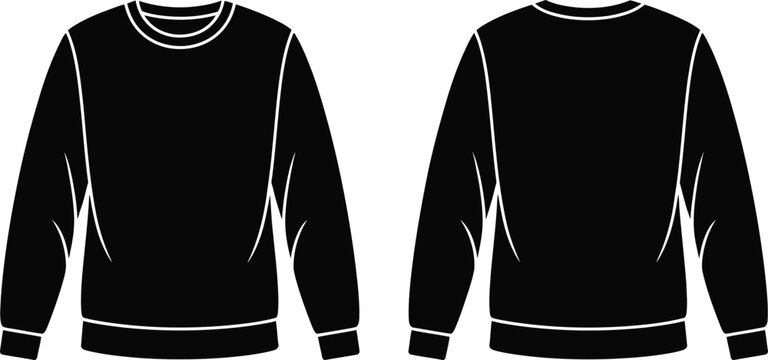 Front and back sweatshirt mockup vector illustration, black long sleeve crewneck pullover template isolated on white background for apparel design