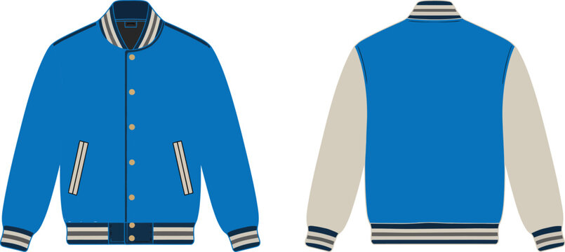 Front and back view of classic varsity bomber jacket vector template with ribbed cuffs, casual college outerwear mockup isolated on white background