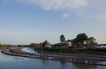 Fototapeta premium Peaceful afternoon on a coastal dike in rural Vietnam with scenic seaside landscape.
