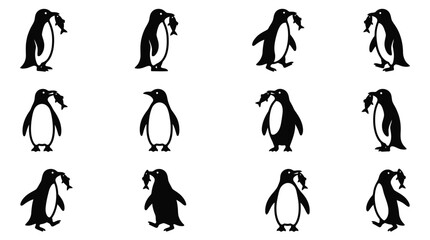 Collection of twelve black penguin silhouettes in various poses, most holding a small fish in their beak, isolated on a white background for minimalist wildlife vector illustration. © Tutorialxxx18