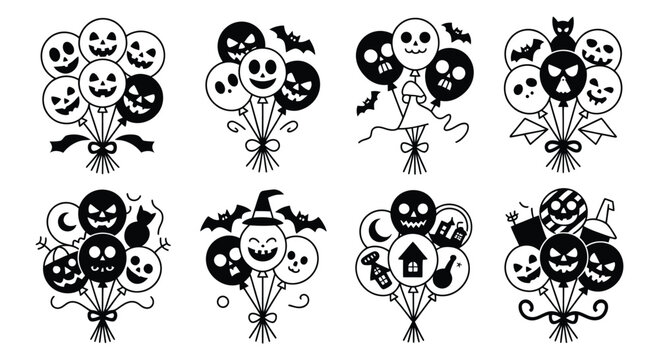Collection of spooky Halloween themed balloon bouquets with various icons and characters
