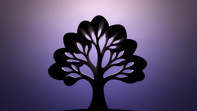 A stylized tree silhouette with rays of light shining through its leaves against a gradient background.