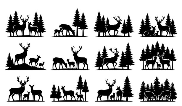 Forest wildlife silhouette collection featuring deer moose bears pine trees and woodland nature vector set
